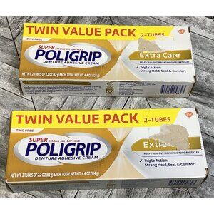 Poligrip Denture Adhesive Cream Twin Value Pack 4.4 oz Extra Care Zinc-Free Trip